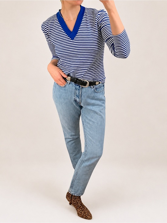 Vintage Sweaters - VTG Blue White Stripe V Neck Knit Pullover Sweater Jumper Academia Prep XS S M